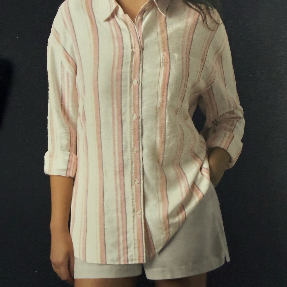 GAP Linen Button Down Shirt - Pink and White - Picture 3 of 3